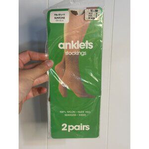 VTG Suntone Nylon Sheer Anklets Stockings - 2 Pairs, Nude Heel, NIP, Fits 8½-11